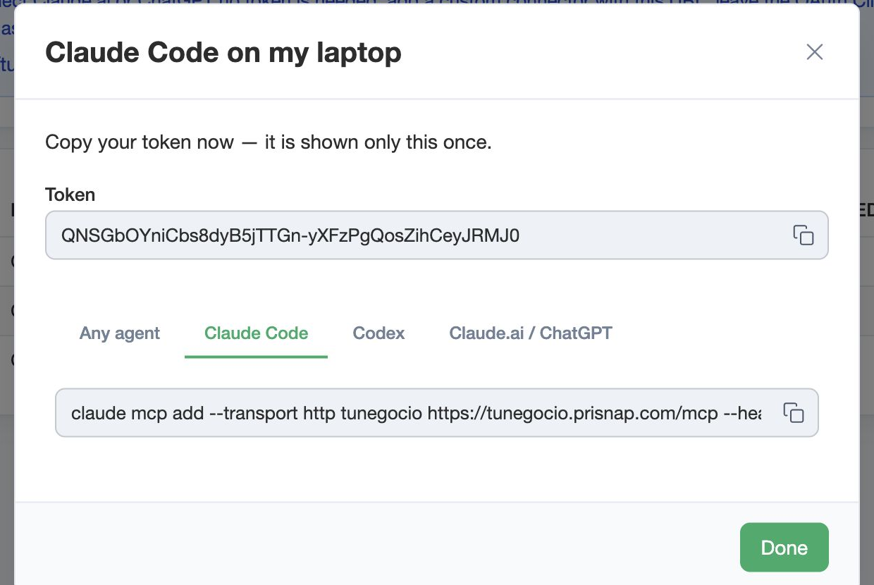 The freshly minted token and the Claude Code command