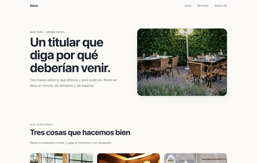Una web con el diseño Air: blanco cálido, un titular junto a una foto redondeada y los servicios debajo