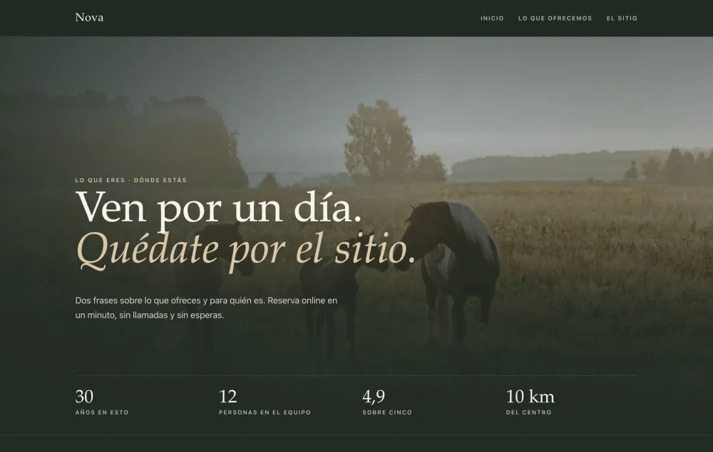 Una web con el diseño Laurel: una foto a toda anchura, un titular con serifa encima y una fila de cifras debajo
