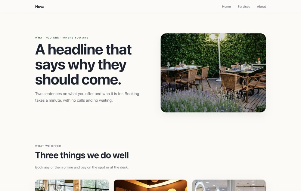 A site made with the Air design: warm white, a headline beside a rounded photograph and the services below