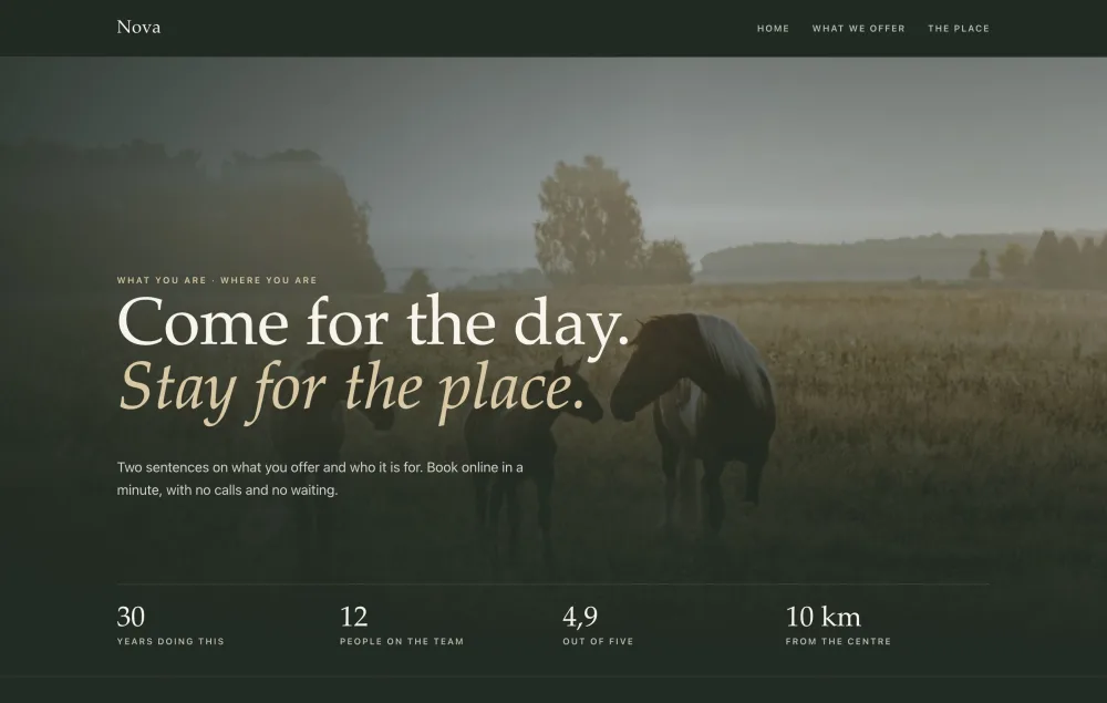 A site made with the Laurel design: a full-bleed photograph, a serif headline over it and a row of figures underneath